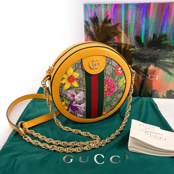 Gucci Chain Shoulder Flora Webbing Line GG Supreme Canvas Yellow - Picture 2 of 11